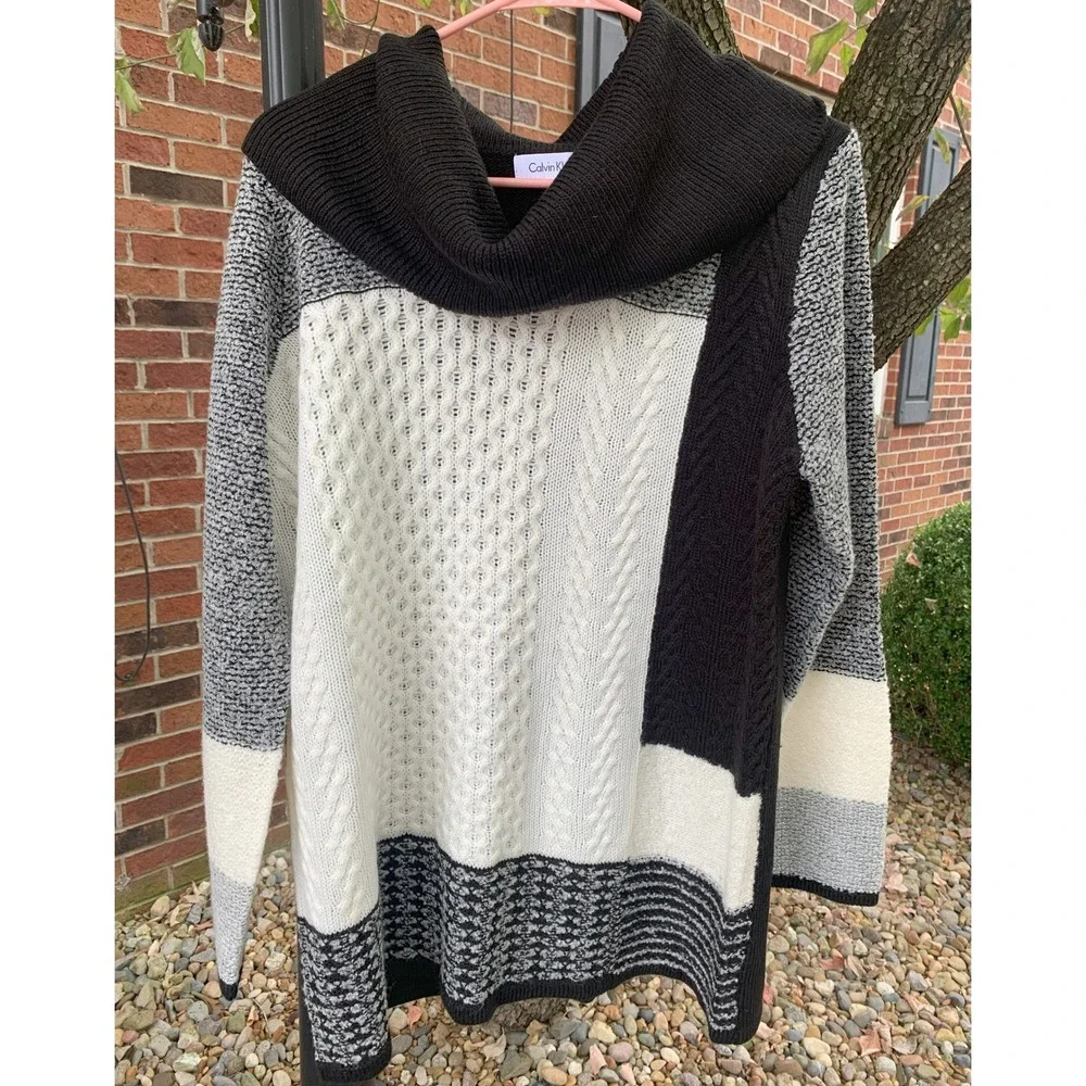 Calvin Klein Sweater Large Cowl Neck Tunic Pullover Knit Black‎ Gray White